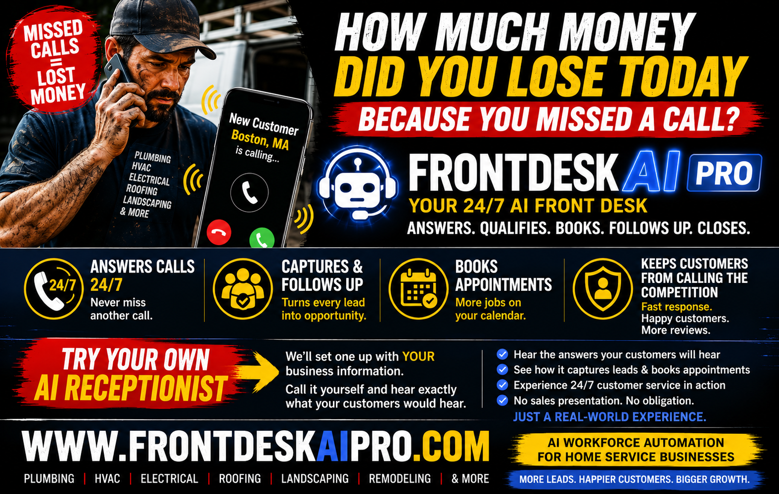 FrontDesk AI Pro — 24/7 AI front desk for home-service businesses.